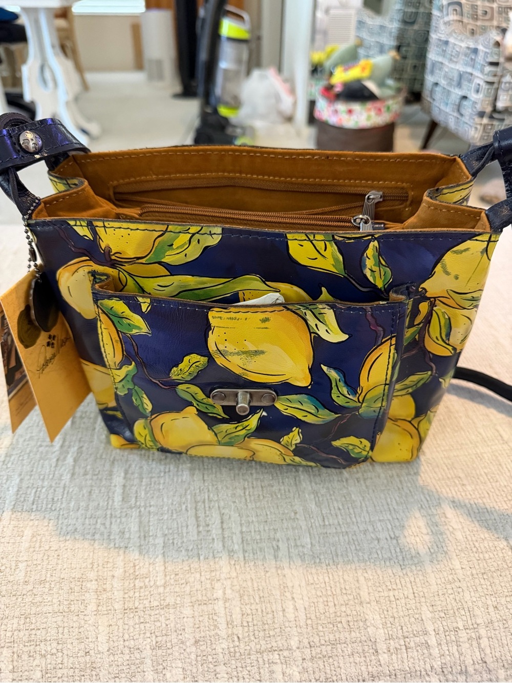 Patricia Nash leather Positano Limon Leandra Flip Crossbody Bag Navy & lemon - Picture 2 of 9